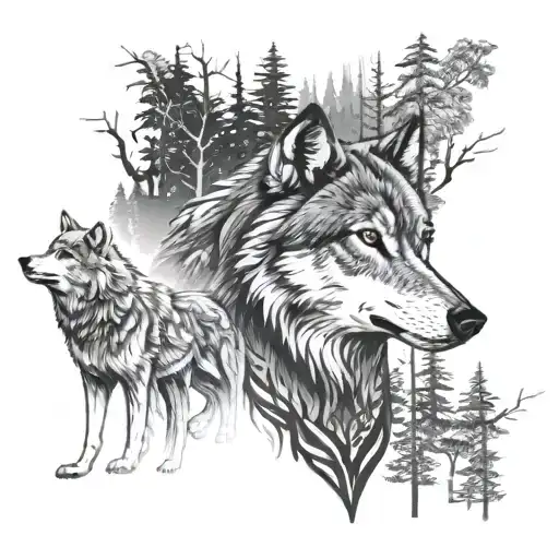 Wolf Protecting His Family In Forest