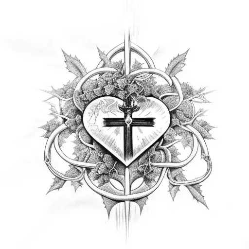 A Detailed Black And Grey Tattoo Featuring A Sacred Heart Intertwined With Vines And Medicinal Herbs