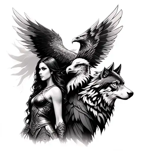 Male And Female Warrior With Eagle And Wolf