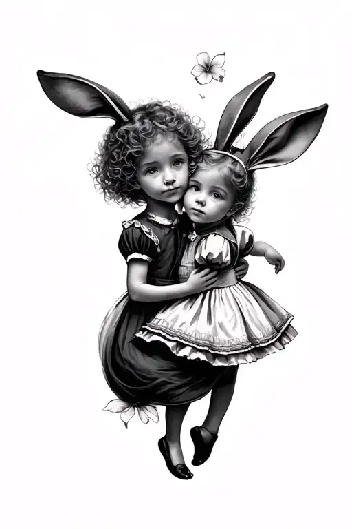 Two Child's Falling In The White Rabbit Like Alice