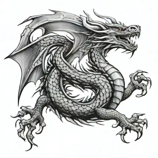 Black And White Medium Dragon Tattoo On Right Shoulder