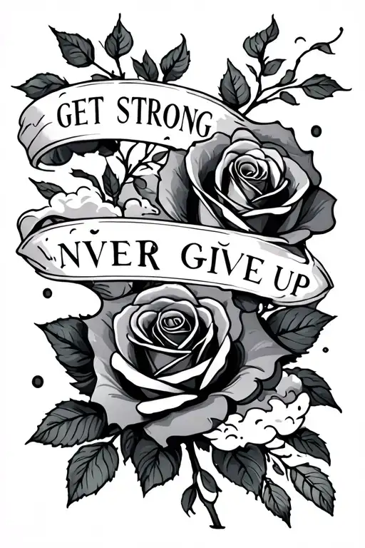 Tattoo Showing To Get Strong Never Give Up With Roses And Clouds In It
