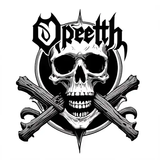 Opeth Band Logo Above A Woodcut Skeleton