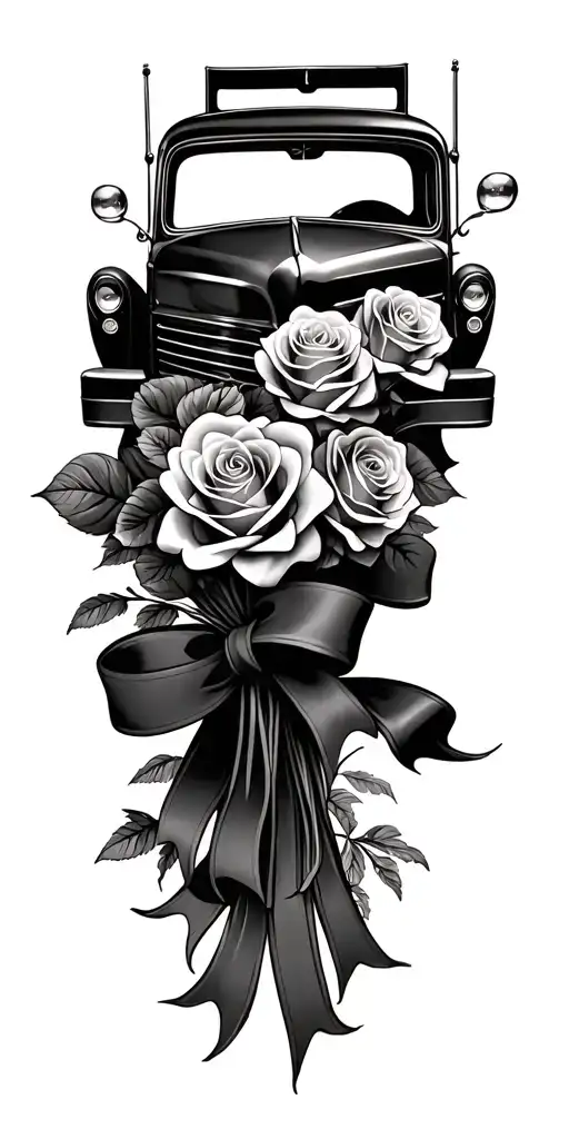 Realistic Truck With Roses Wrapped With Ribbon