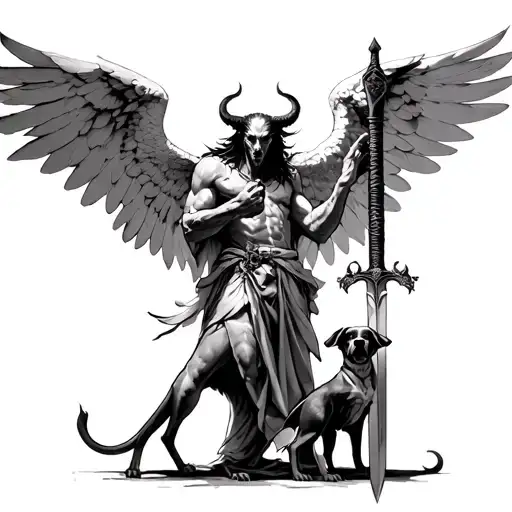 Half Demon Half Angel Holding Back A 3 Headed Dog In One Hand And A Great Sword In The Other Hand