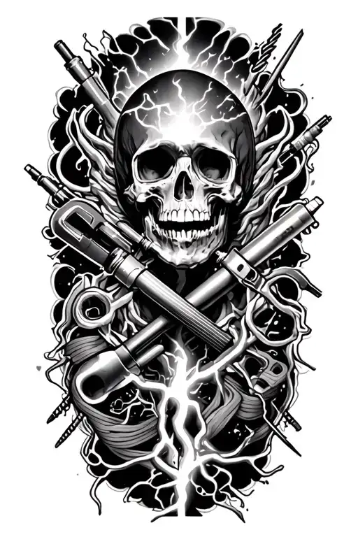 Cover Up Small Tatoos On Thigh Above Knee With Electricity Going Through Tools Sculpture