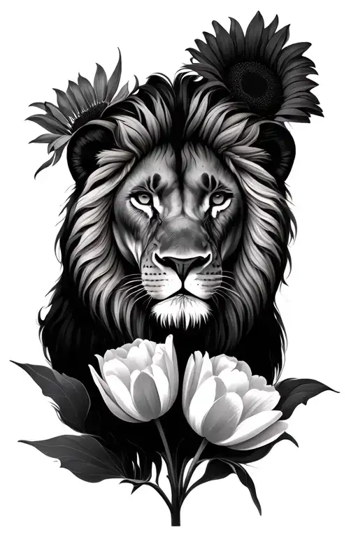 Lion And Tulips Sunflowers Lilly