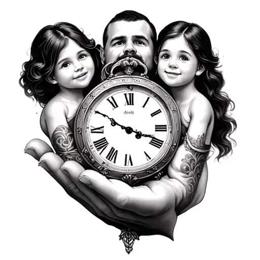 Old Clock With Mans Hand Holding 3 Granddaughters