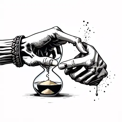 Hand Dropping Sand Into Hour Glass Held By Skelet Hand