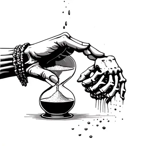 Hand Dropping Sand Into Hour Glass Held By Skelet Hand