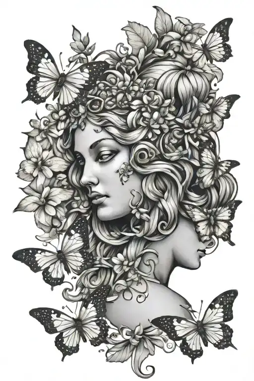 Greek Goddess Sculpture Surrounded By Butterflies And Bees