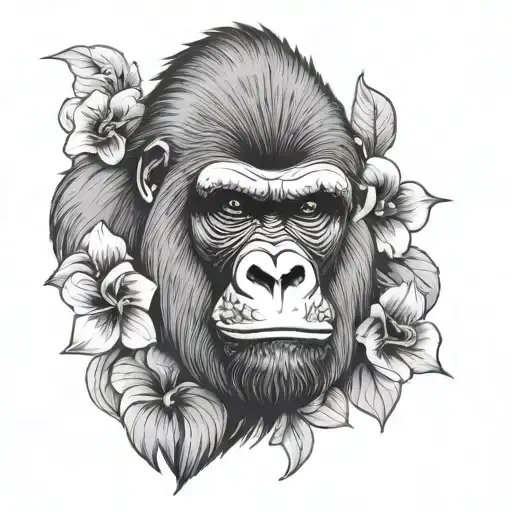 Serious But Calm Gorilla Face With Flower Background