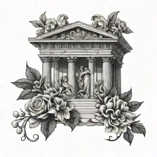 Greek Architecture With Greek Mythology Characters And Flowers