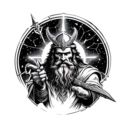 Constellation As Background And Notse God Odin In Front But Make It So He's Commanding For Battle