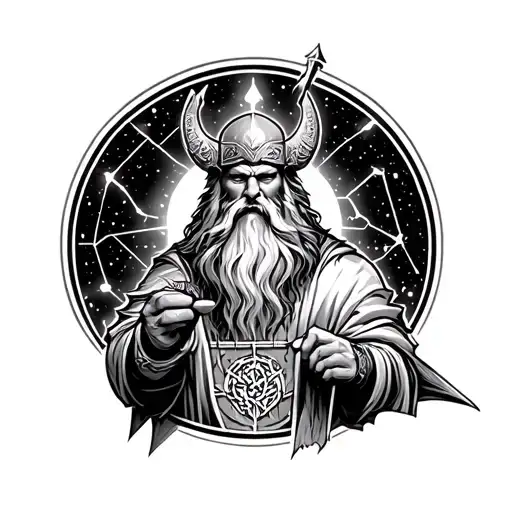 Constellation As Background And Notse God Odin In Front But Make It So He's Commanding For Battle