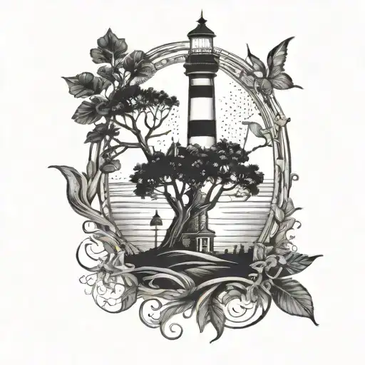 Lighthouse And A Tree Of Life In Black