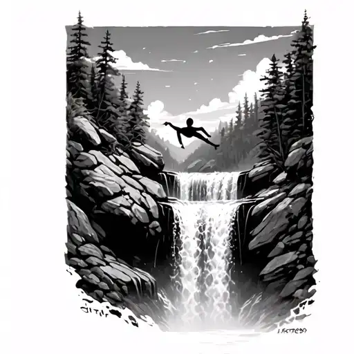 Rock Jumping Adult In Waterfall Surrounded By Lush Greenery