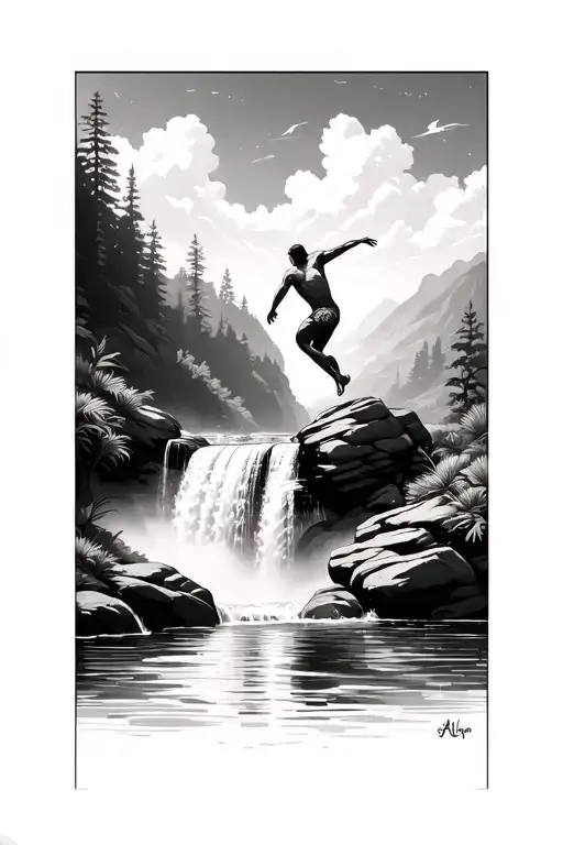 Rock Jumping Adult In Waterfall Surrounded By Lush Greenery