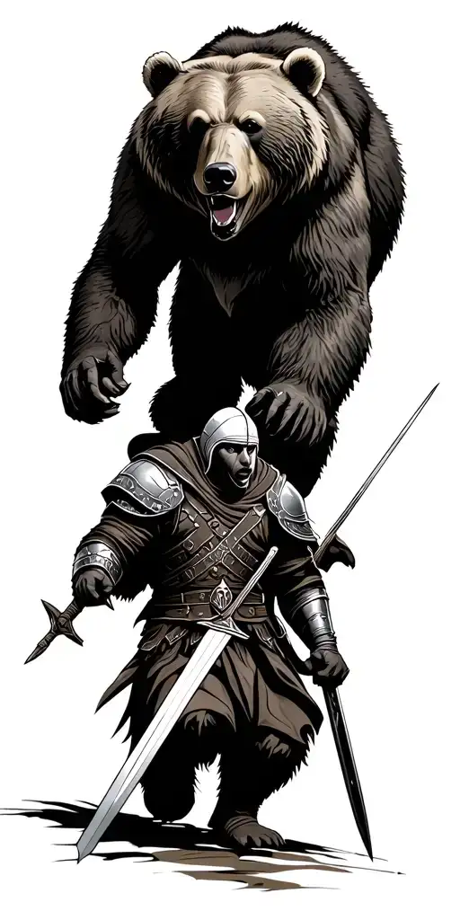 Grizzly Bear Walking Above A Warrior Wielding A Sword