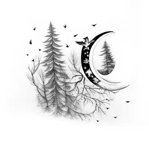 Forearm Forest Half Sleeve With Moon And Birds