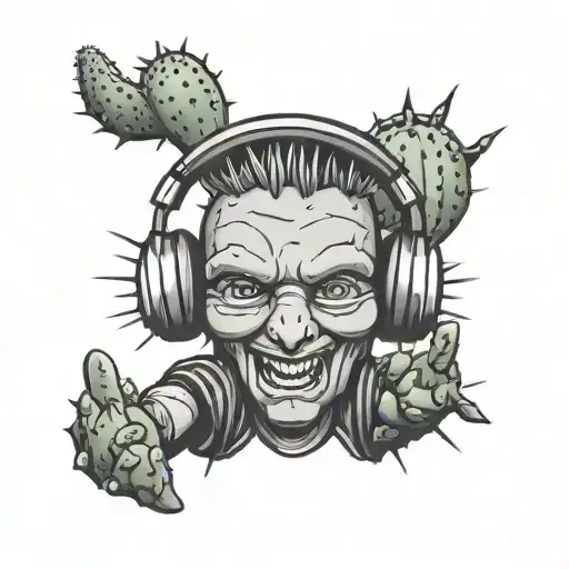 Cactus With Double Thumbs Up Wearing Headphones With Lightning Bolts Coming From Head
