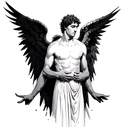 An Male Angel With Black Wings Spread And A White Person Under The Wings Taking Protection