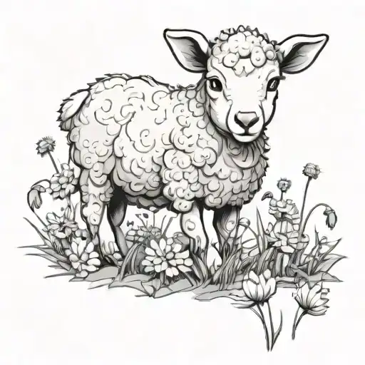 A Cartoon Little Lamb In A Feild Of Dandilions