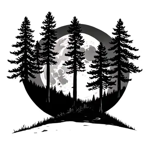 Many Pines With Moon In The Middle Of Los Pinos