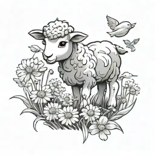 A Cartoon Little Lamb In A Feild Of Dandelions Blowing In The Wind