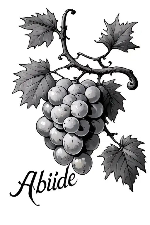 Black And White Tattoo Of Grape Vine With Abide Written Intertwined As Part Of Vine