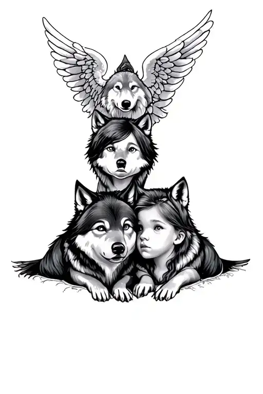 Two Kids On In The Middle Of Two Wolves With A Angel Behind
