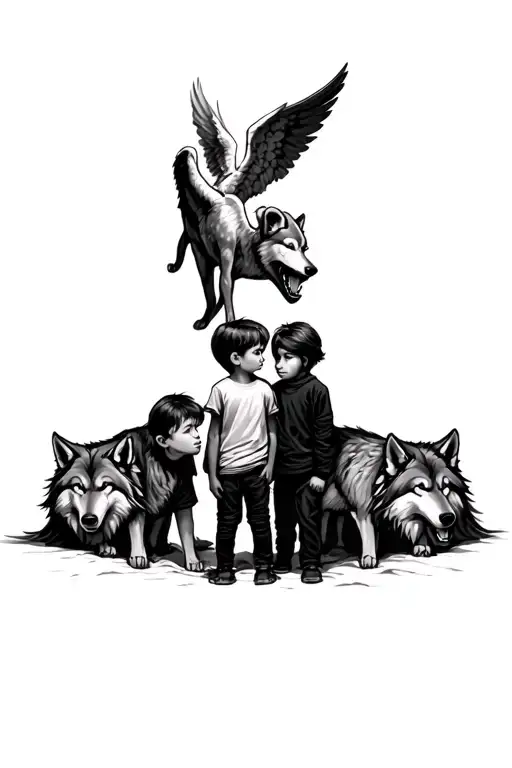 Two Kids On In The Middle Of Evil Two Wolves With A Angel Behind
