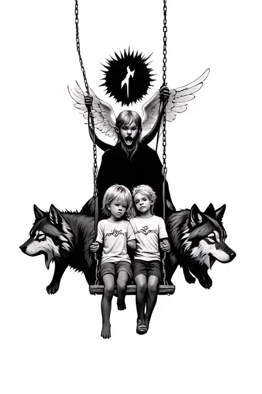 Two Kids On A Swing In The Middle Of Evil Two Wolves With A Angel Behind