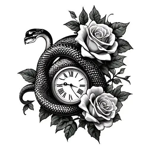 Snakes Tattoo On The Forearm With Roses And A Clock