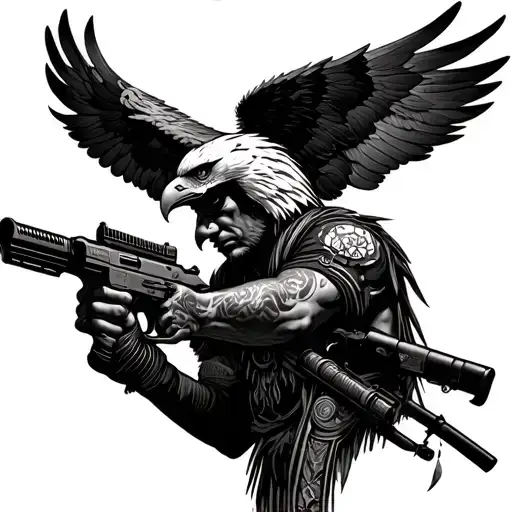 Eagle Wings Above African Warrior Holding Machine Gun And Iphone