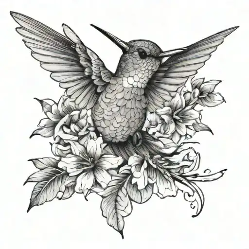 Hummingbird With Flowers Fine Line