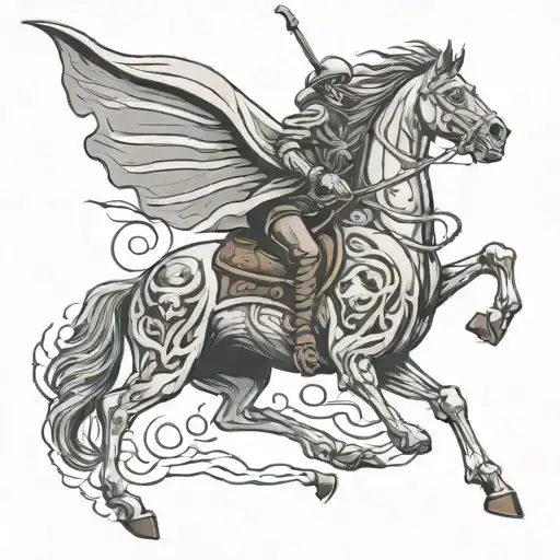 A Hooded Skeleton Riding A Horse Jumping