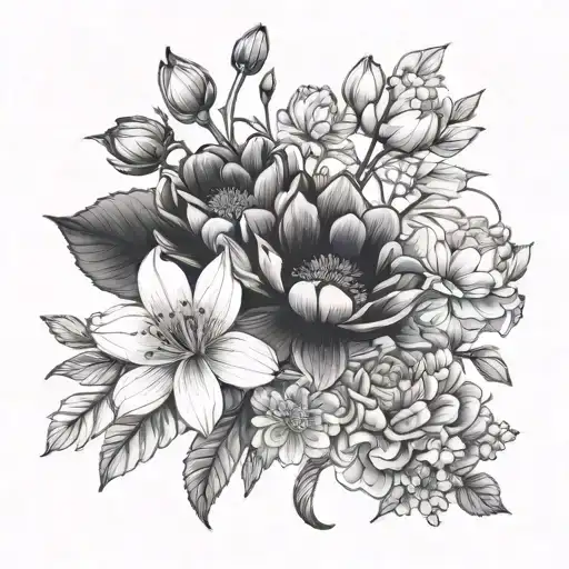 Bouquet With Violet Cherry Blossom Water Lily Peony And Cosmos Tied With Rope Bow