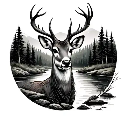Large Doe Head With Forrest Clearing And River As Background
