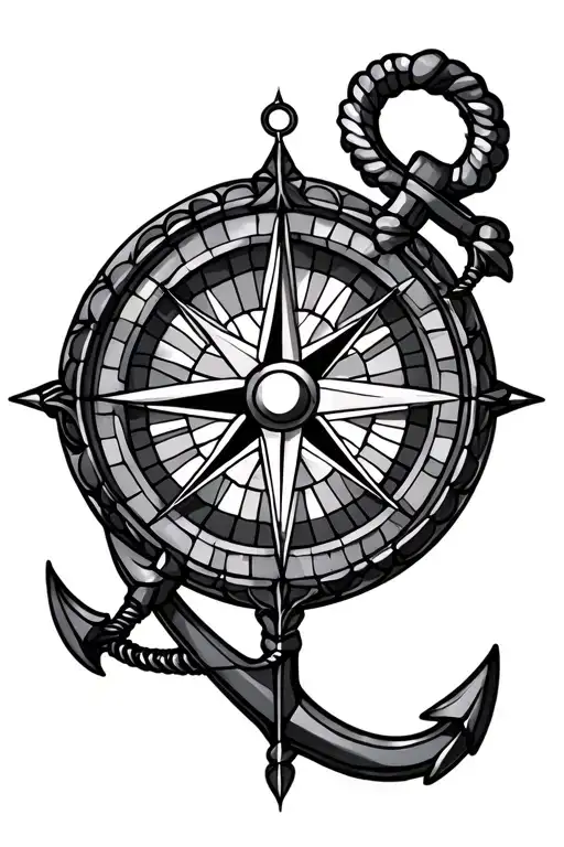 Stained Glass Compass Rose And Anchor In Modern Nautical Theme
