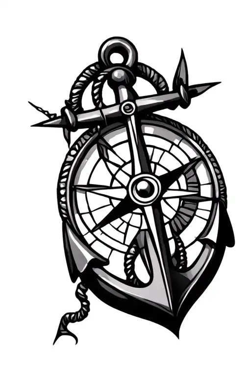 Stained Glass Compass Rose And Broken Anchor In Modern Nautical Theme
