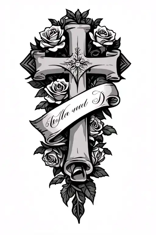 Coverup Cross With Roses And A Scroll Banner