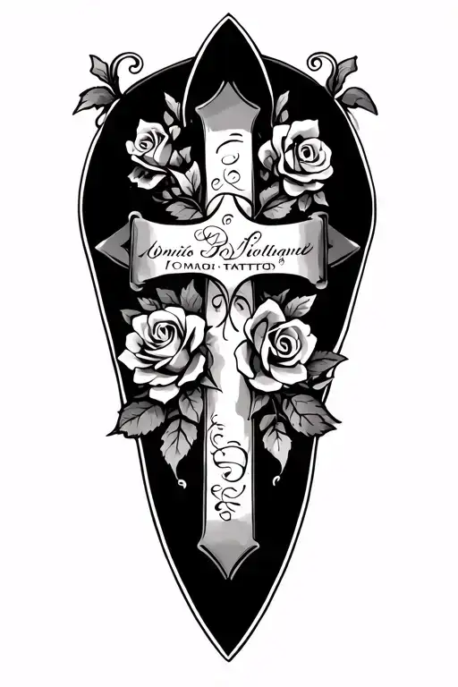 Cover Up Tattoo Of A Cross With Roses And A Scroll Banner Across The Top