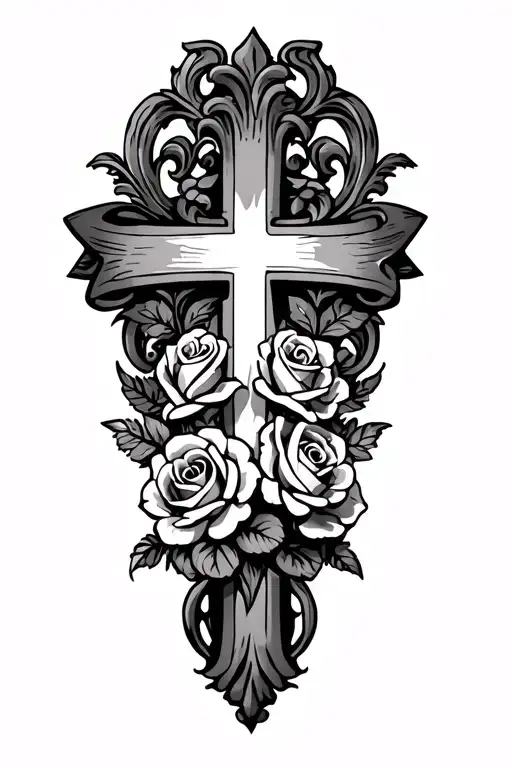 Cover Up Tattoo Of An Ornate Cross With Roses And A Scroll Banner Across The Top