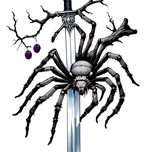 A Sword And On It A Spider Is Climbing Down A Branch With Plum