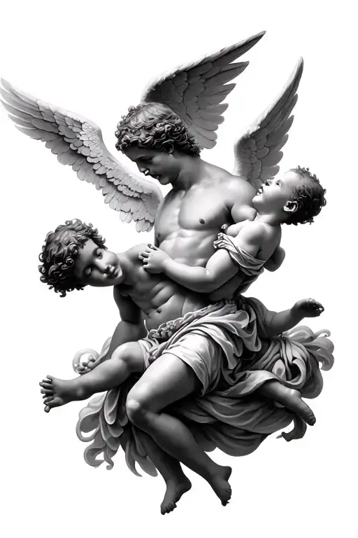 Greek God Flying Caring A Baby Angel