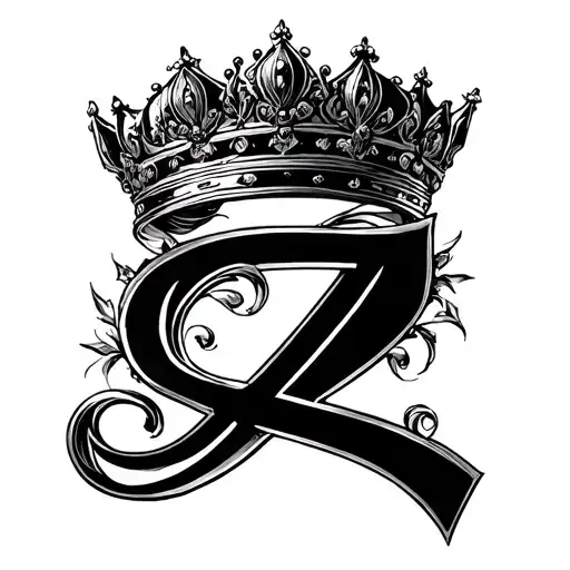 A Capital Z With A Intricate Crown Sitting On The Top Of It In Black And White