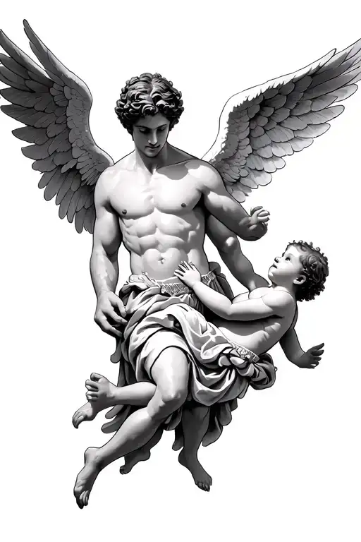 Male Strong Angel Flying Caring A Baby Angel