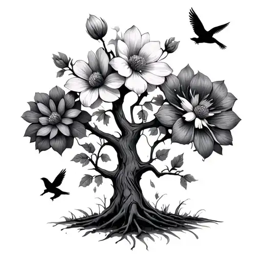 Tree With Three Different Flowers Growing On It With Tree Birds Flying And Perching On It