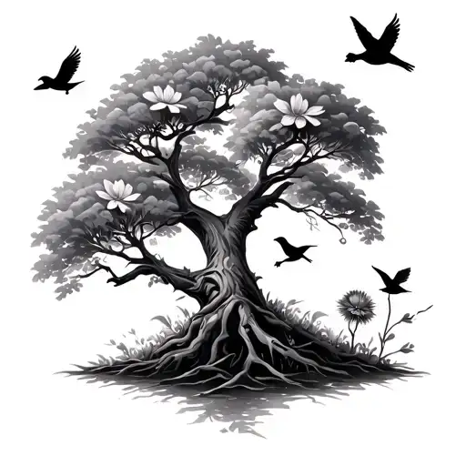 Tree With Three Different Flowers Growing On It With Tree Birds Flying And Perching On It